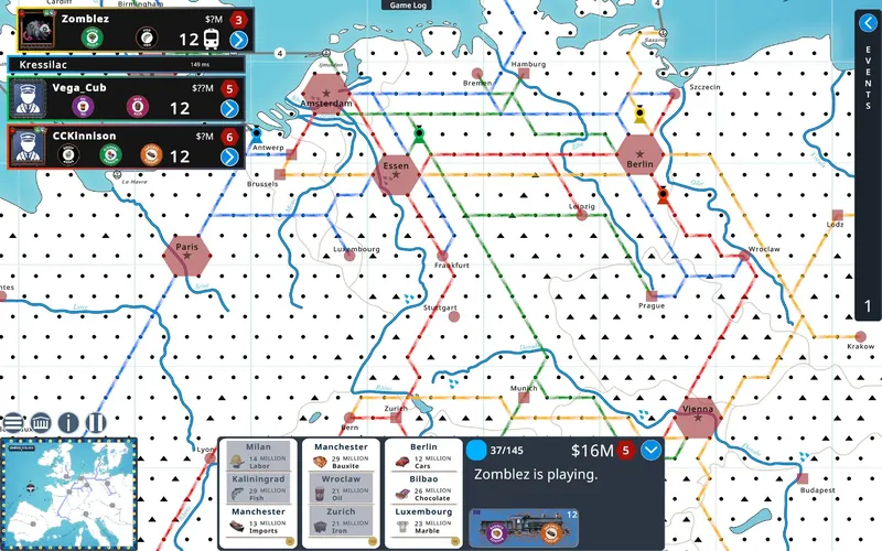 Empire Builder map of central Europe with three players' colored rail networks linking Amsterdam, Essen, Berlin, Paris and Vienna