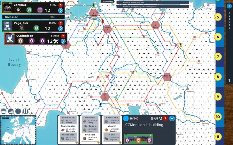 A crowded late-game map with overlapping red, blue, green and yellow track stretching from the Bay of Biscay to Warsaw