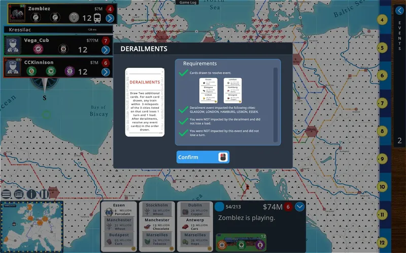 A Derailments event card listing the cities affected: Glasgow, London, Hamburg, Lisbon and Essen