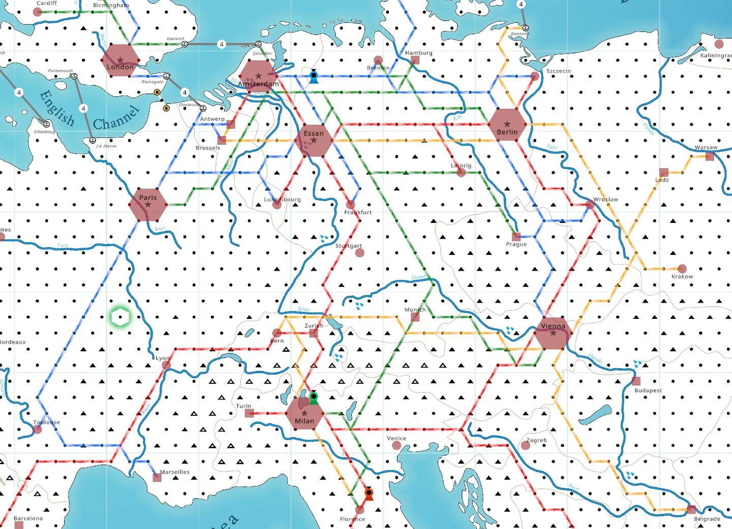 A late-game map of Europe in Empire Builder, covered in mileposts and colored track built by several players